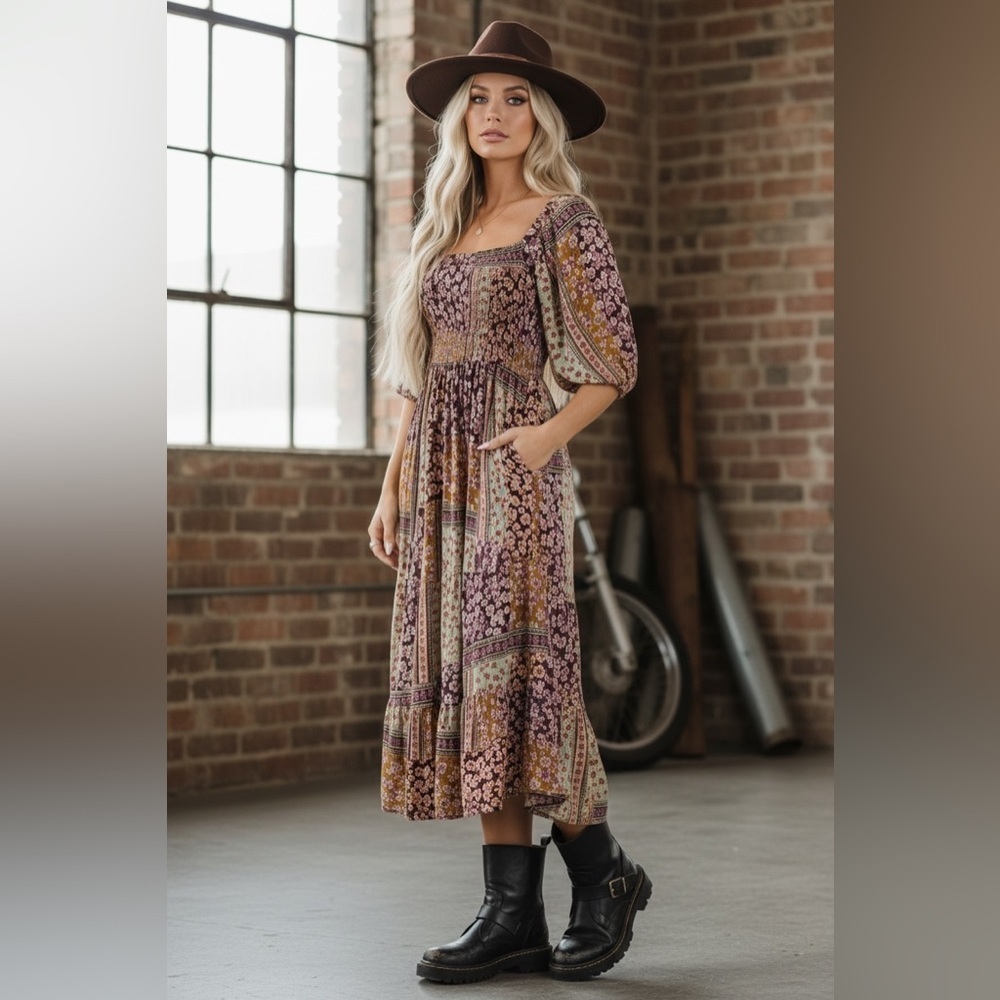 NWT Boho Mixed Floral Patchwork Print Smocked Balloon Sleeve Maxi Midi Dress